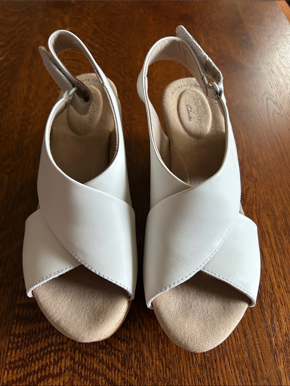 Clarks Annandel White Crisscross Slingback Wedge Sandals